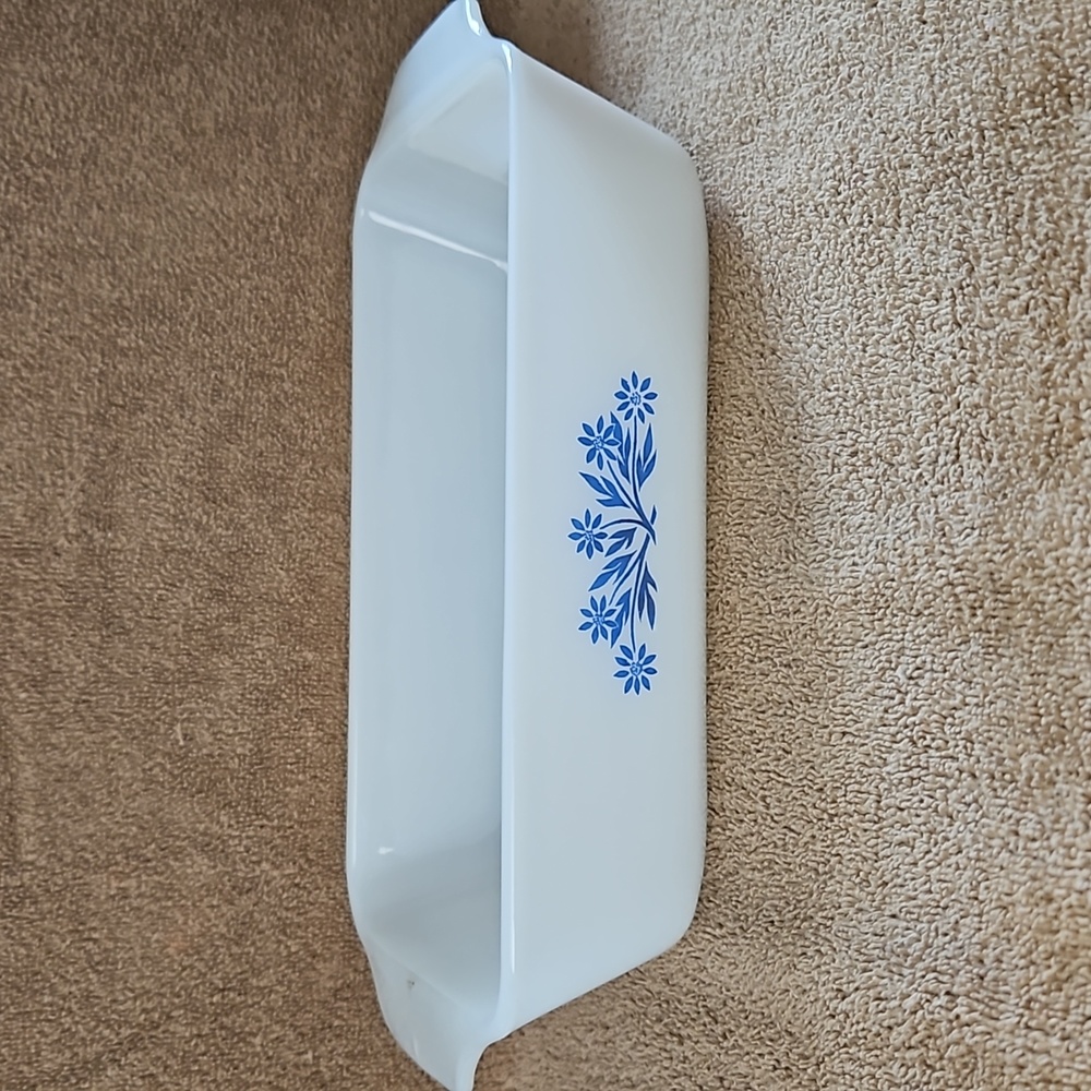 Vintage Anchor Hocking/Fire King Milk Glass Blue Cornflower Loaf Dish T13